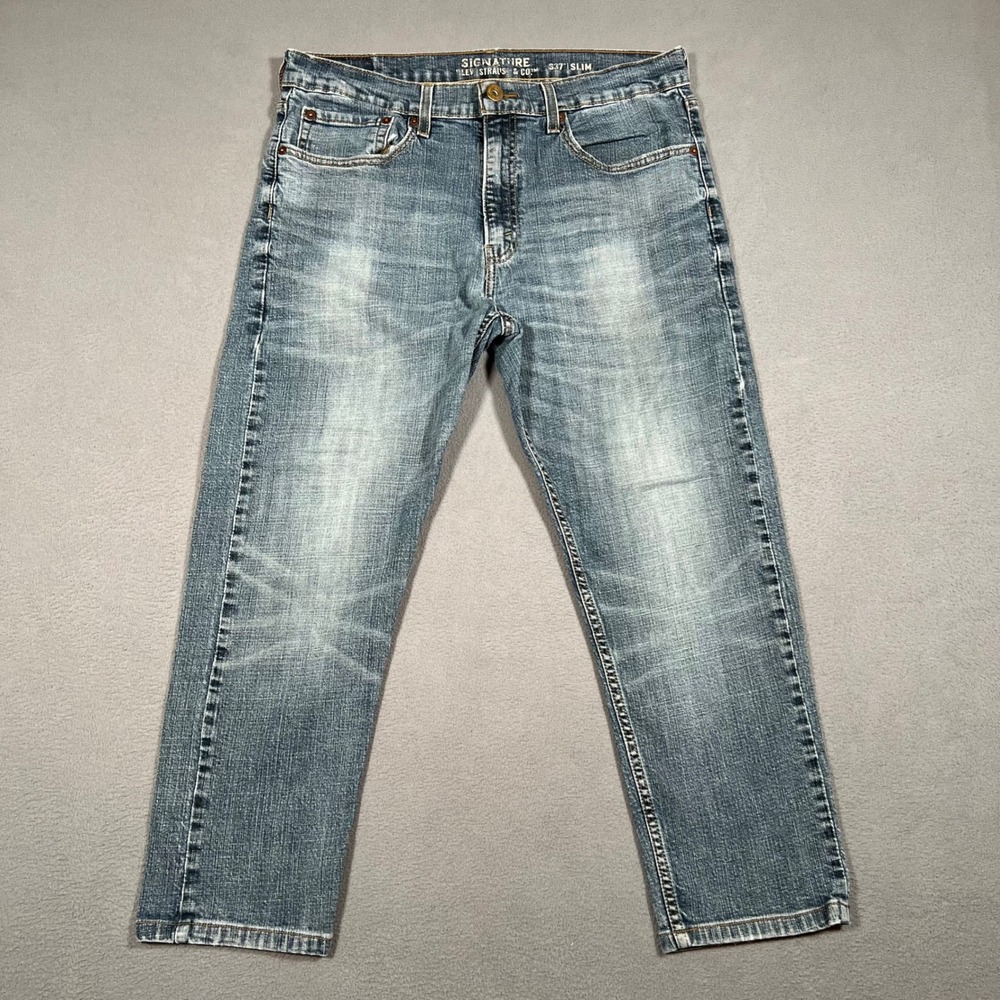 Signature by Levis S37 Slim Jeans Mens 32x24 Blue Denim Faded Distressed Stretch